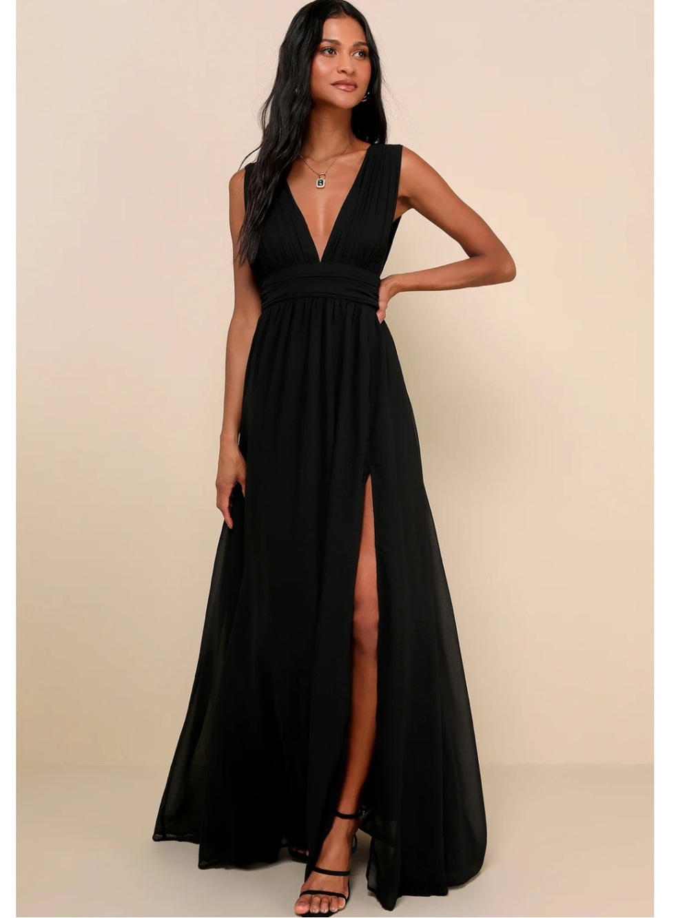 Lulus Heavenly Hues Black Sleeveless V-Neck Chiffon Maxi Dress Event Formal Med.